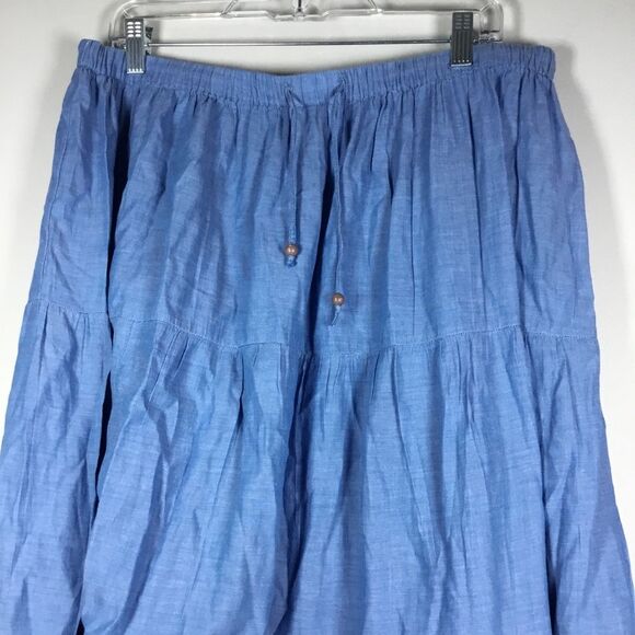 Lightweight blue denim cotton skirt drawstring waist wood beads elastic waist L - Picture 2 of 8